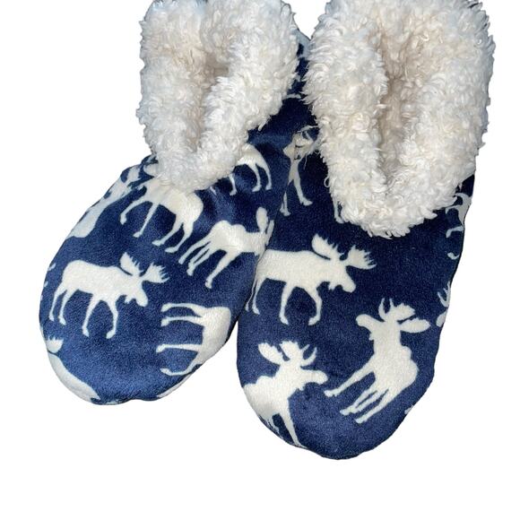 Lazy One Womens Slippers Sz L XL 7-9 Classic Moose Fuzzy Feet Non Slip Blue Navy - Picture 7 of 7